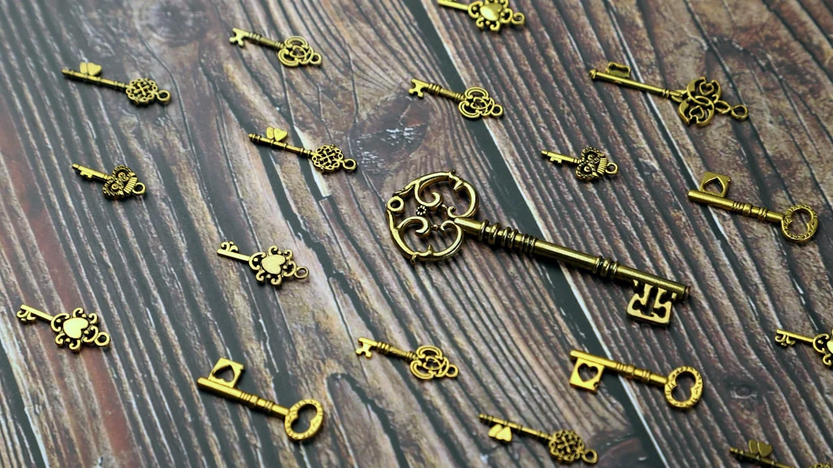 Brass skeleton keys scattered on weathered wood with one large ornate key at the center. — a The Obsidian Key guide to A Fragment Excites a Manual Arms.