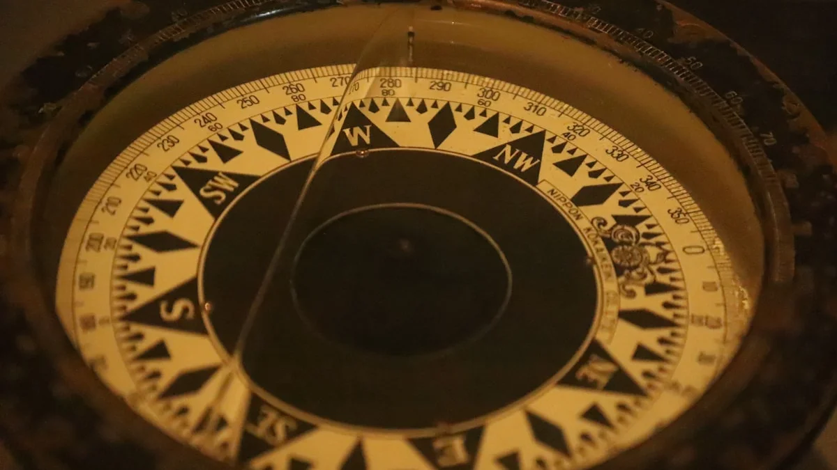 The amber-lit dial of an antique brass compass fills the frame in close-up. — a The Obsidian Key guide to Advanced Evening Work for Key Practitioners.