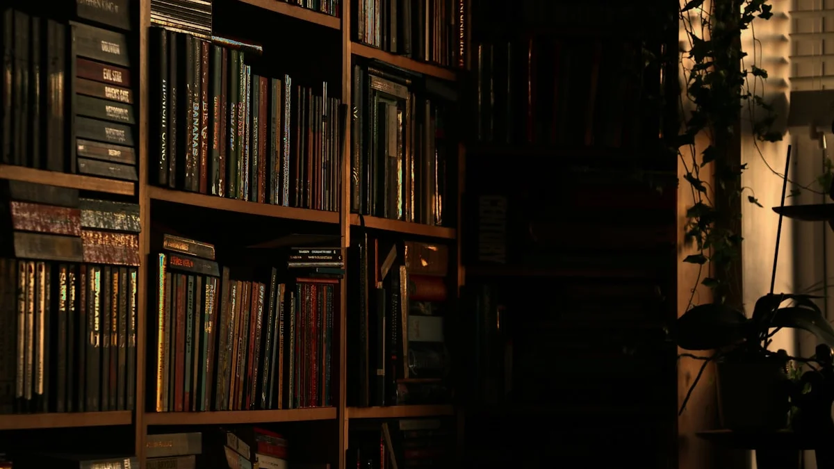 Golden dawn light falls across dark bookshelves beside a trailing ivy plant. — a The Obsidian Key guide to Advanced Morning Work for Key Practitioners.
