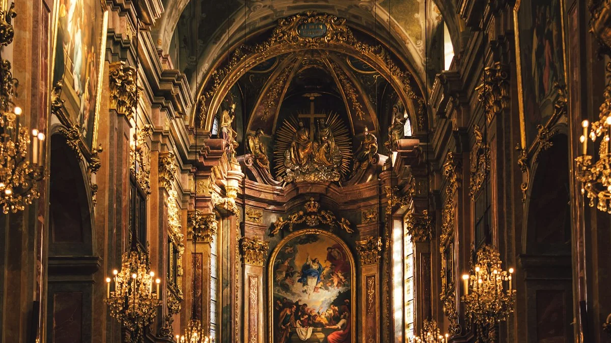 A candlelit gilded church interior with chandeliers and a painted altar at the far end. — a The Obsidian Key guide to After Day 31: Setting the Maintenance Schedule.