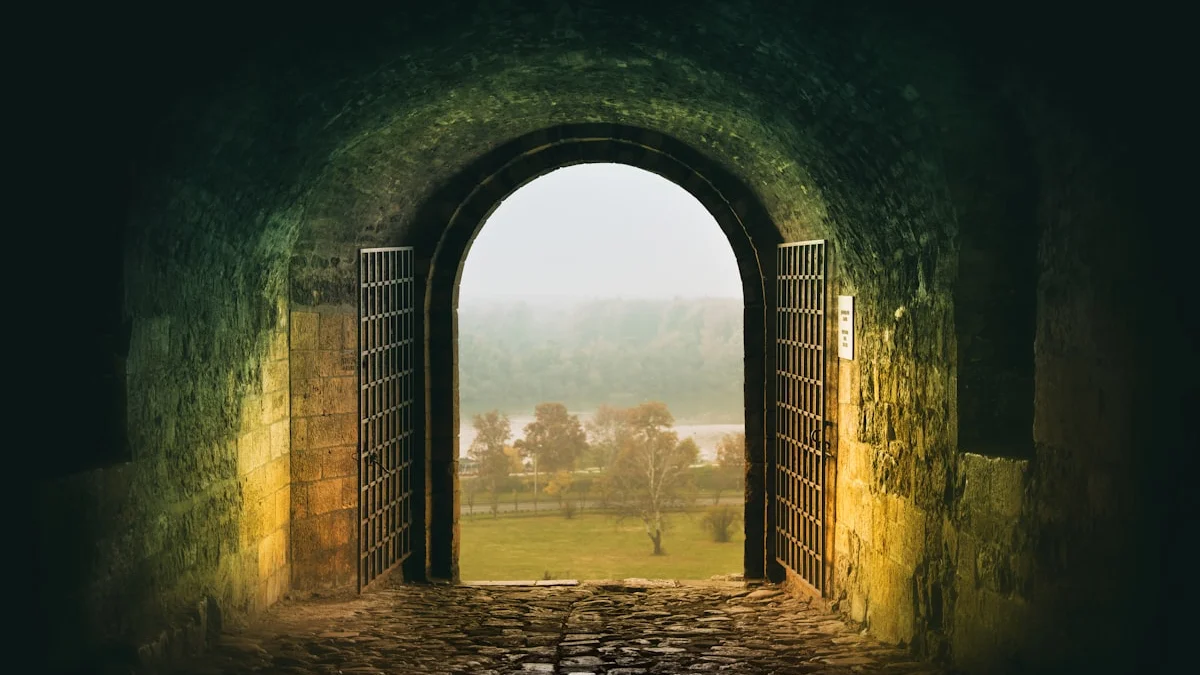 Warm lamplight falls on an open arched door leading from a stone passage to a misty green field. — a The Obsidian Key guide to After the Cut: The Strange Gift of Time.