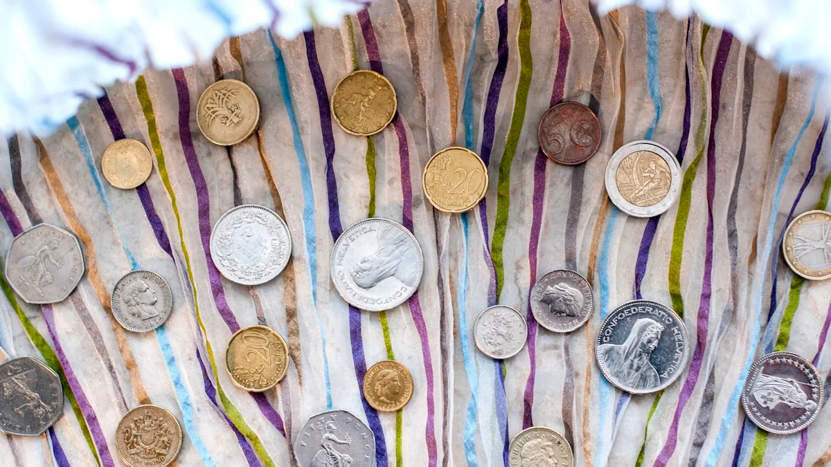 Old coins of different sizes and metals are sorted across a striped cloth. — a The Obsidian Key guide to Allocate Do Not Leak: Spending Attention Like Money.