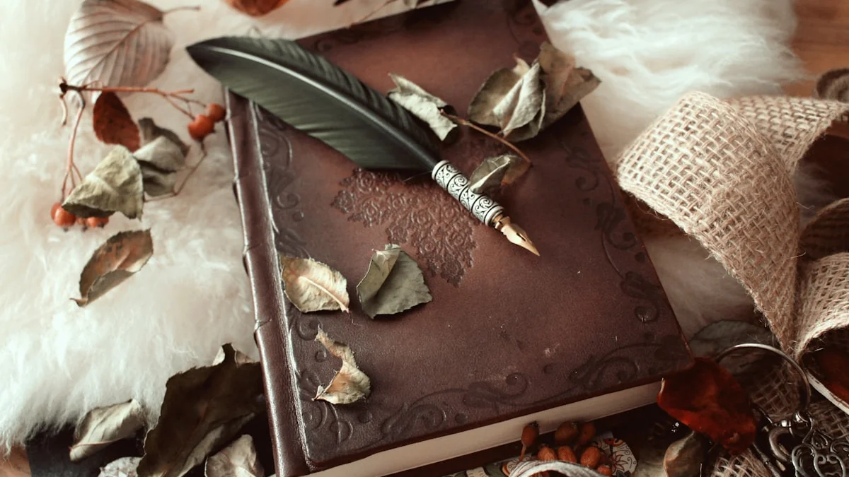 A black feather quill rests on a dark leather-bound book scattered with autumn leaves. — a The Obsidian Key guide to The Assumed State in the Obsidian Key: Second Law Guide.