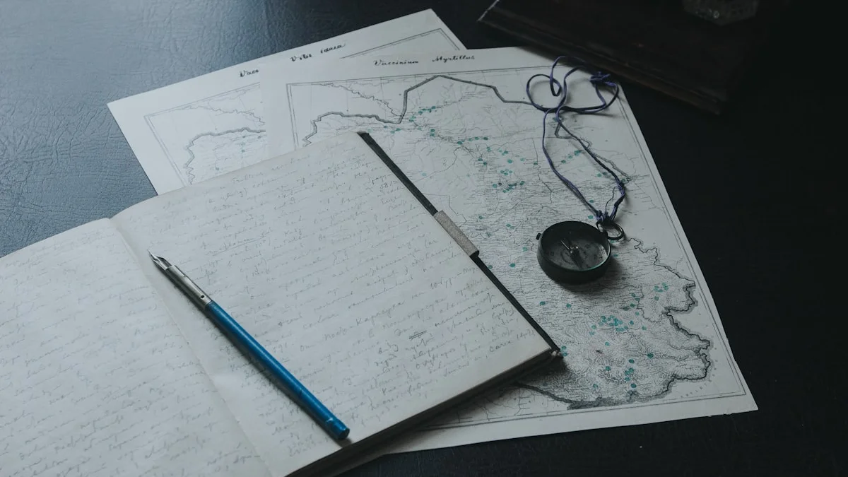 An open handwritten notebook with a blue fountain pen lies over map papers and a compass on a dark desk. — a The Obsidian Key guide to Get the Assumed State Worksheet: Choose Your Sentence.
