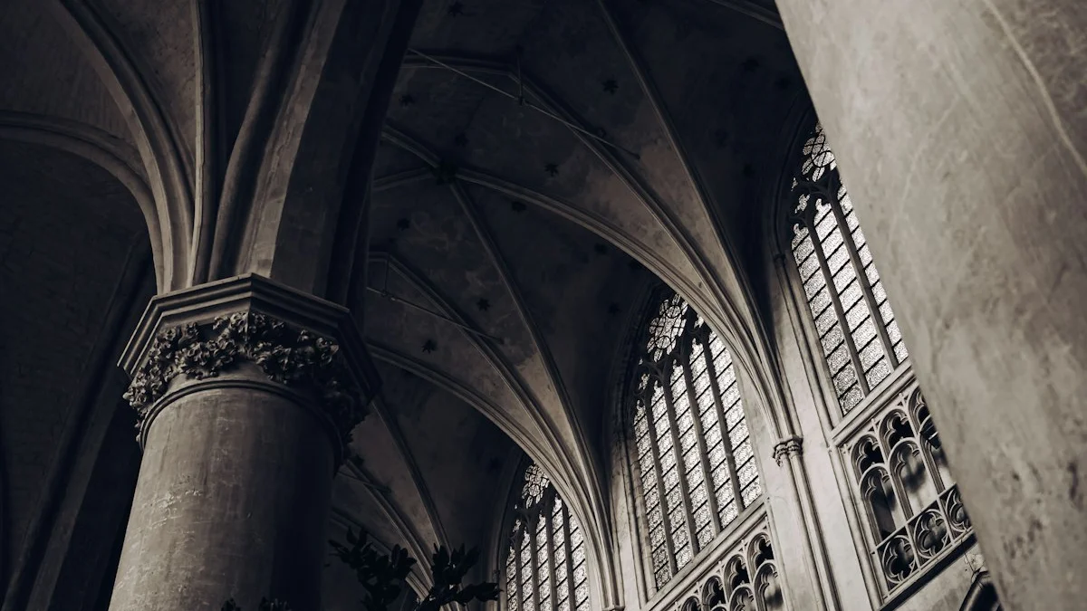 Vaulted stone ceilings and tall columns rise through a dark chamber with light through high windows. — a The Obsidian Key guide to Beyond Eleven Minutes: Deepening the Seat for Book Owners.