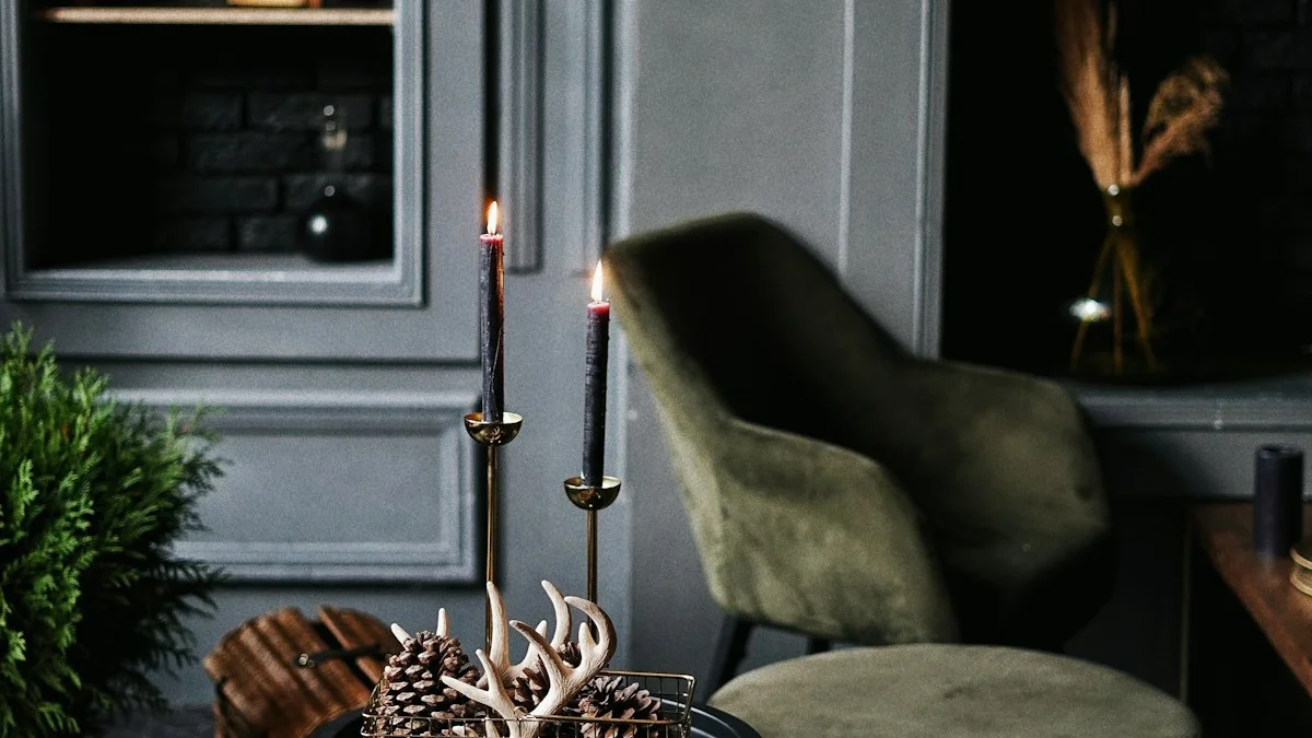 Two dark candles burn in brass candlesticks beside a green velvet armchair in a shadowed room. — a The Obsidian Key guide to The Body Holds the State: Posture, Pace, and Tone.
