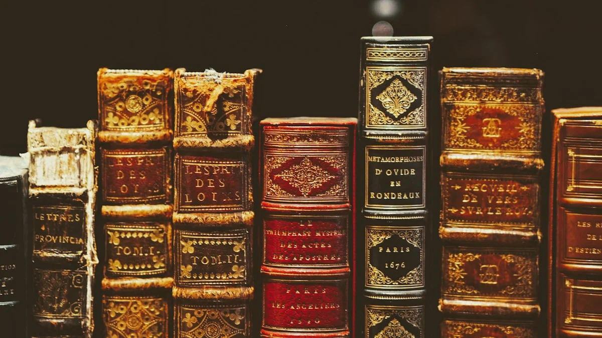 Antique gold-tooled leather book spines in deep red and brown stand in a row against darkness. — a The Obsidian Key guide to A Book Written for Skeptics and Tested Practitioners.