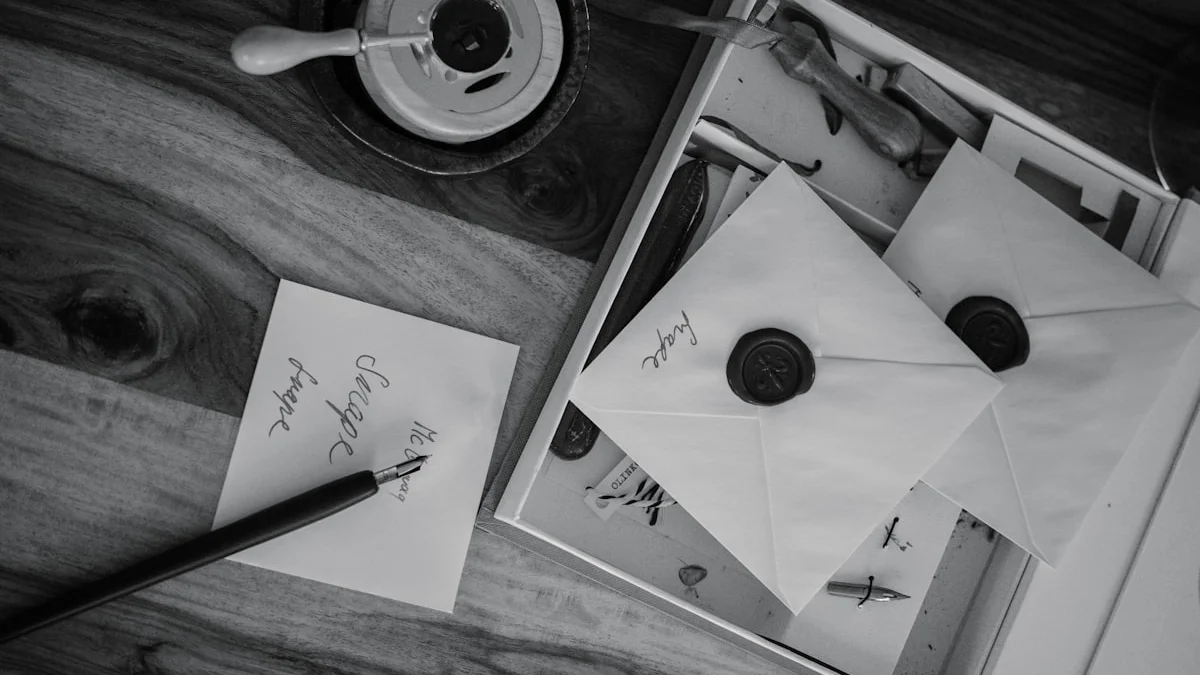 Black-and-white envelopes sealed with black wax sit beside a calligraphy pen and sealing tools on a wooden desk. — a The Obsidian Key guide to A Field Manual Not a Fragment: the Breach Edition.