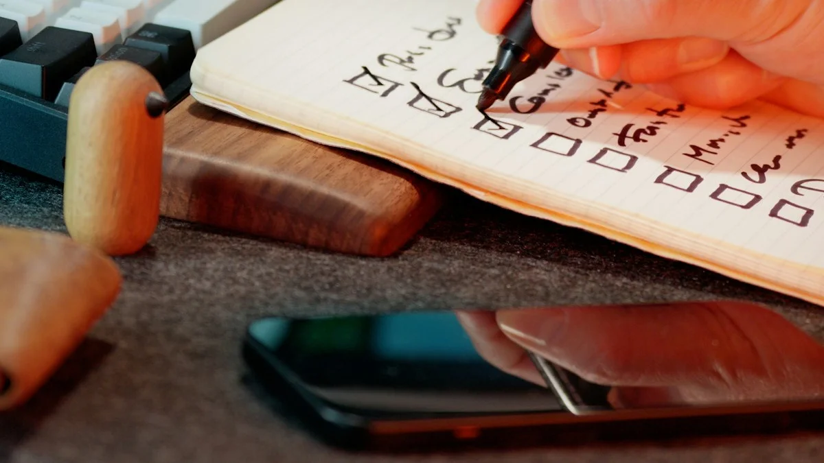 A hand ticks checkboxes in a worn paper notebook beside a keyboard and a face-down phone on a desk. — a The Obsidian Key guide to The Cheap Notebook as an Instrument.