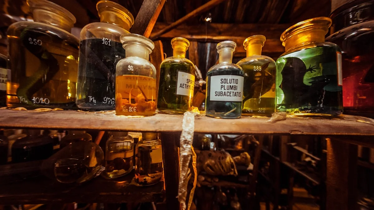 Antique apothecary jars with sealed glass lids standing in a row on a wooden shelf in warm amber light. — a The Obsidian Key guide to The Closed Circuit: Why Sealed Attention Compounds.