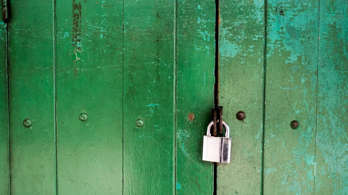 A weathered green wooden door held shut by a chrome padlock through the hasp. — a The Obsidian Key guide to Why the Practice Wants a Closed Door.