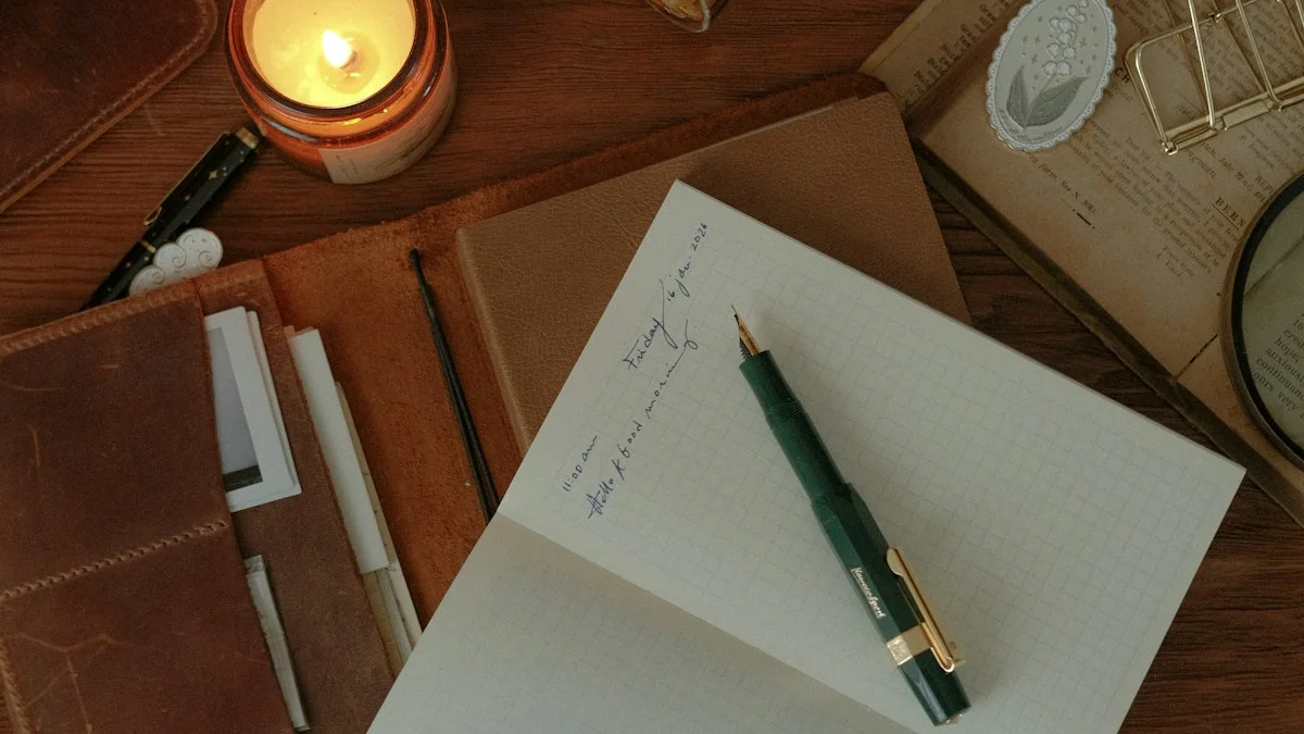 A lit candle, a fountain pen, and an open notebook with a handwritten log line on a warm wooden desk, seen from above. — a The Obsidian Key guide to The Compound Mark: Five Minutes That Log the Signal.