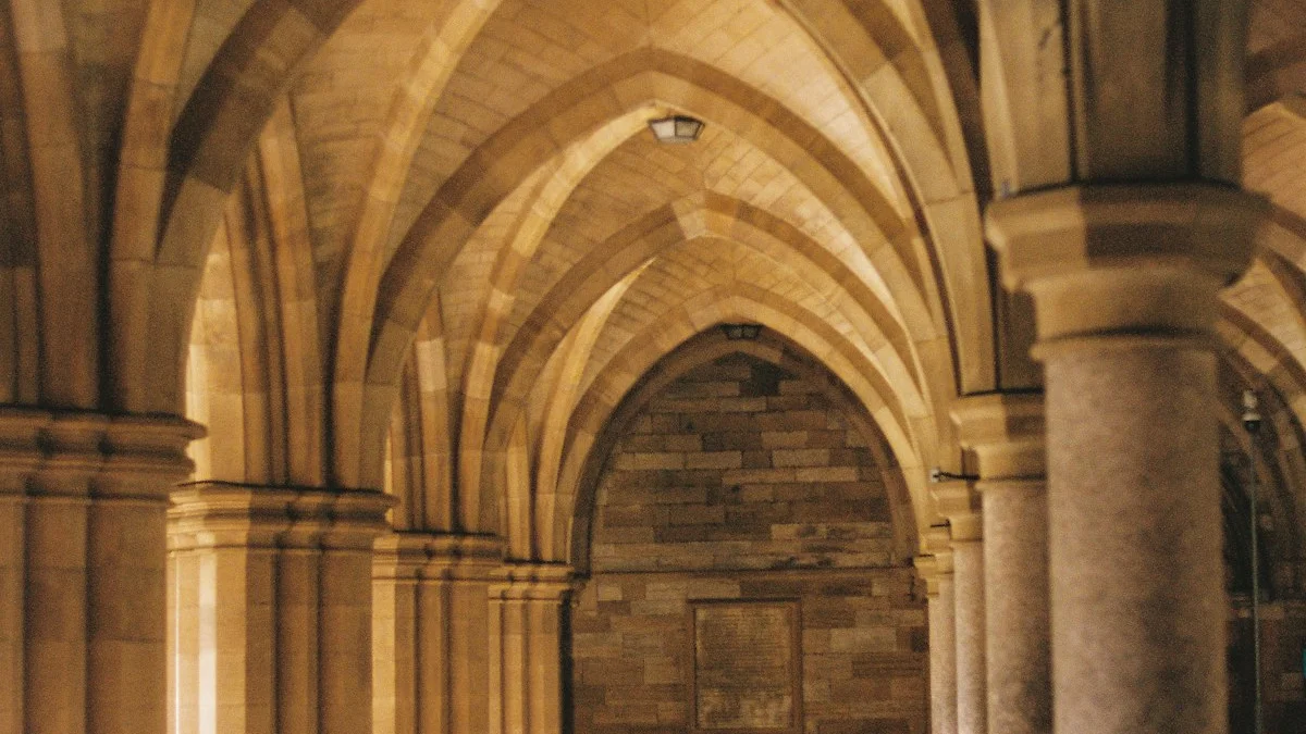 Warm vaulted arches and stone columns fill a golden cloister hallway with small lamps overhead. — a The Obsidian Key guide to Why Eleven Clean Minutes Outweigh a Noisy Day.