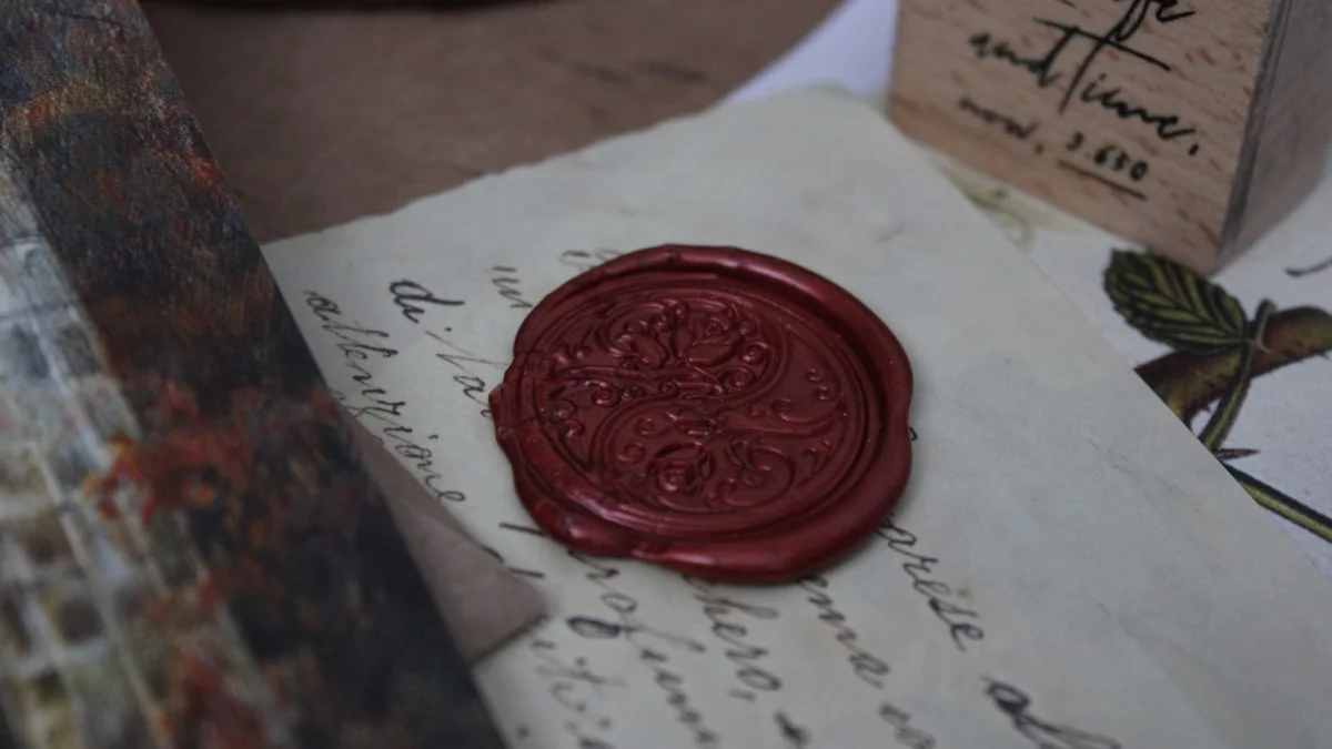 A red wax seal is pressed onto a handwritten letter beside a wooden stamp block. — a The Obsidian Key guide to Emotional Voltage Work: A Companion for Book Owners.
