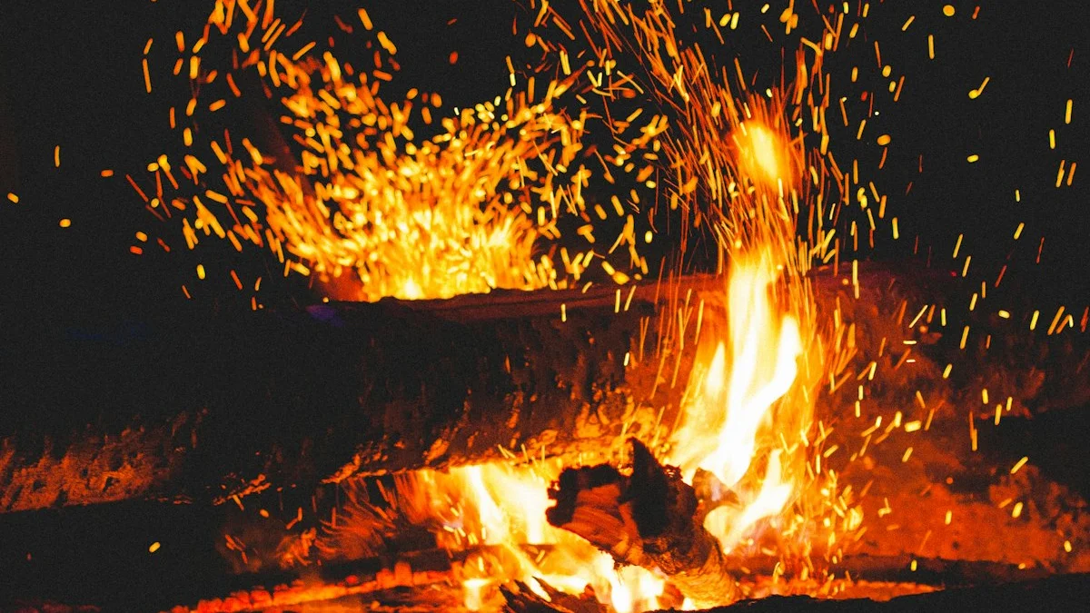 Golden embers and sparks rise from a night bonfire against the dark. — a The Obsidian Key guide to Evening Stillness in the Key: The Repair Seat.
