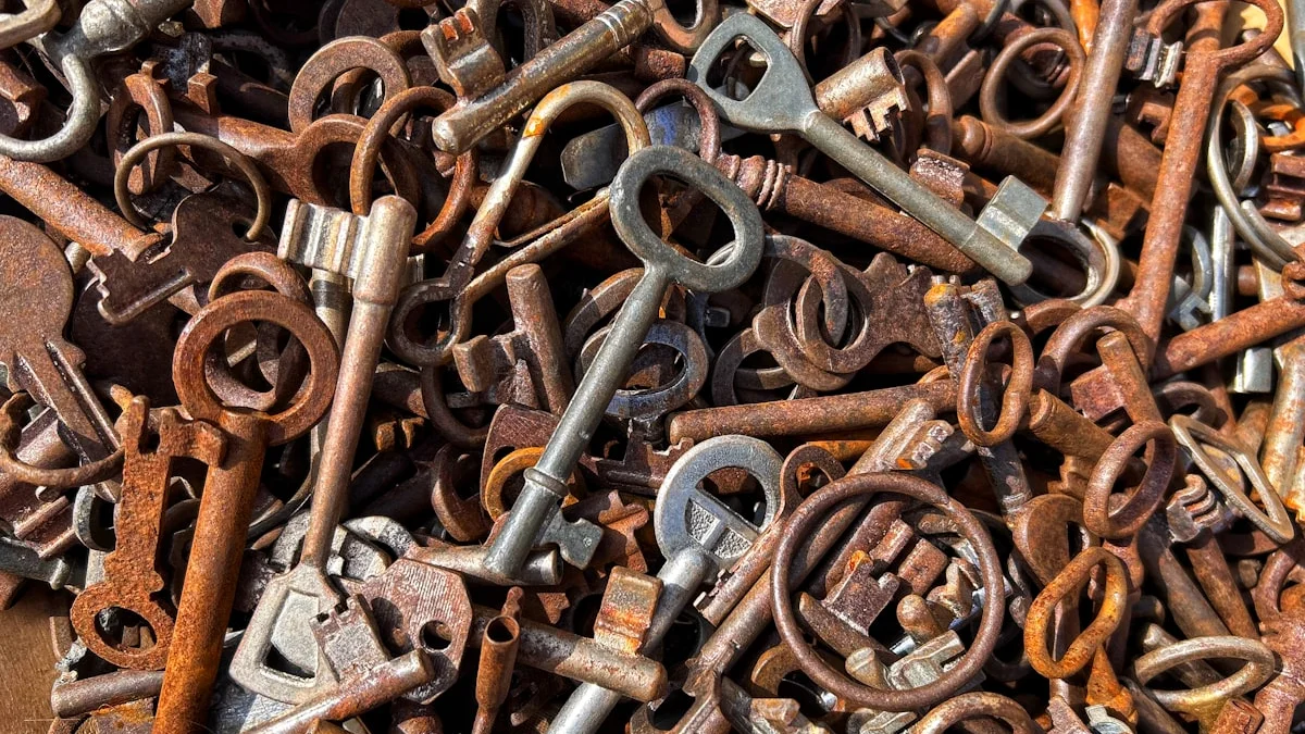 A pile of old rusted skeleton keys fills the frame with rust and weathered steel. — a The Obsidian Key guide to The Examination: When the Field Tests Your Claim.