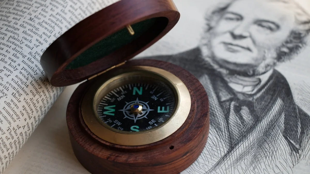 An antique wooden compass lies open on a page of an old printed book. — a The Obsidian Key guide to Five Mistakes Readers Make With the Architecture Model.