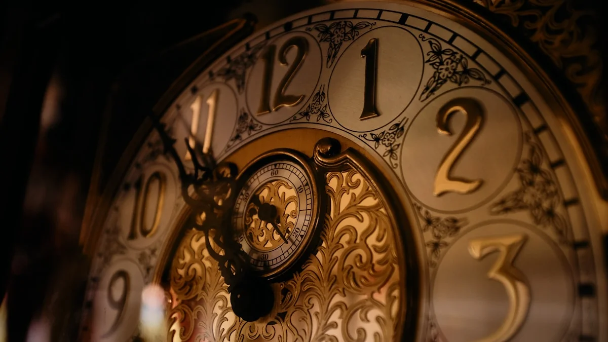 An ornate brass grandfather clock face glowing against a dark background. — a The Obsidian Key guide to The Fixed Hour: Why the Same Time Each Day Compounds.