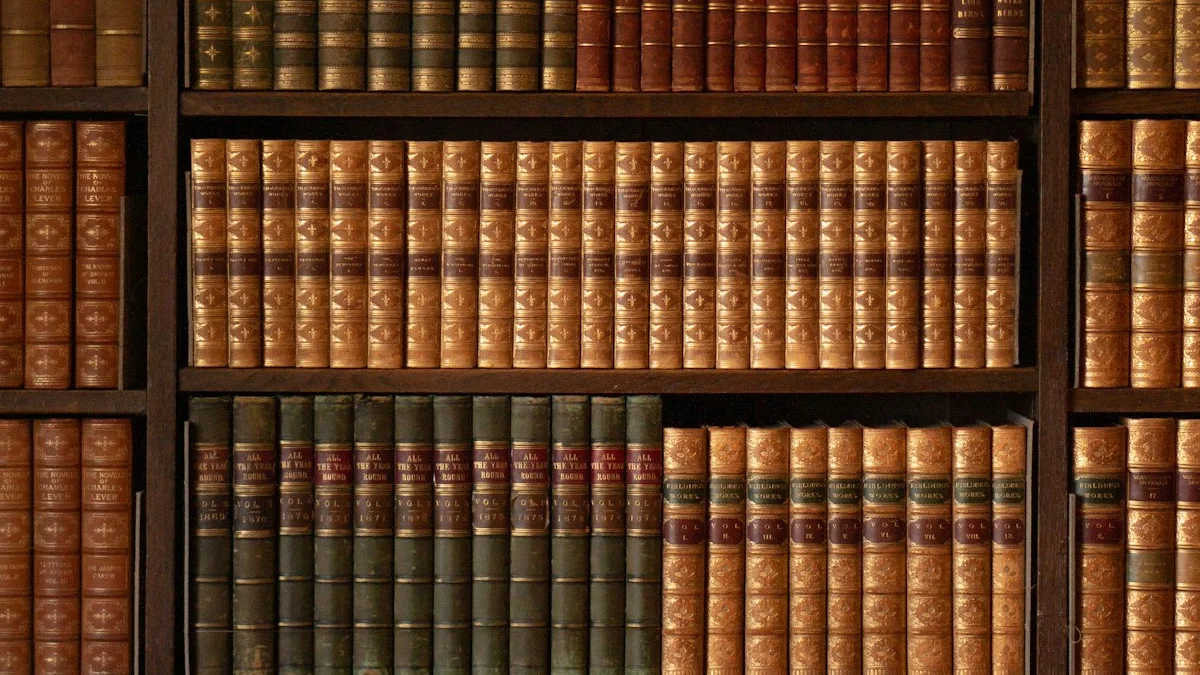 Rows of gilt-embossed leather volumes stand in a dark wooden bookcase. — a The Obsidian Key guide to Every Fragment: The Epigraphs of the Folios.