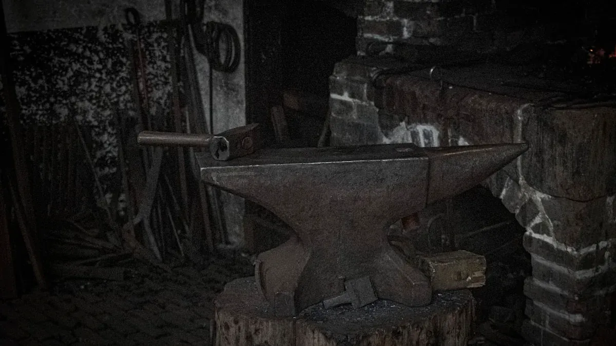 An old hammer rests on a blacksmith's anvil in a dark, tool-lined workshop. — a The Obsidian Key guide to From Laws to Operations: The Companion Next Step.