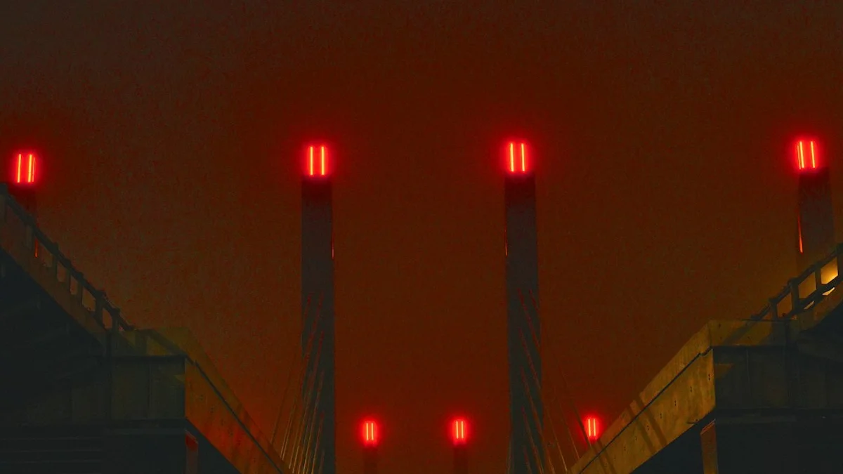 Red warning lights glowing atop tall bridge towers against a dark red night sky. — a The Obsidian Key guide to Guru Red Flags the Folios Teach You to Spot.