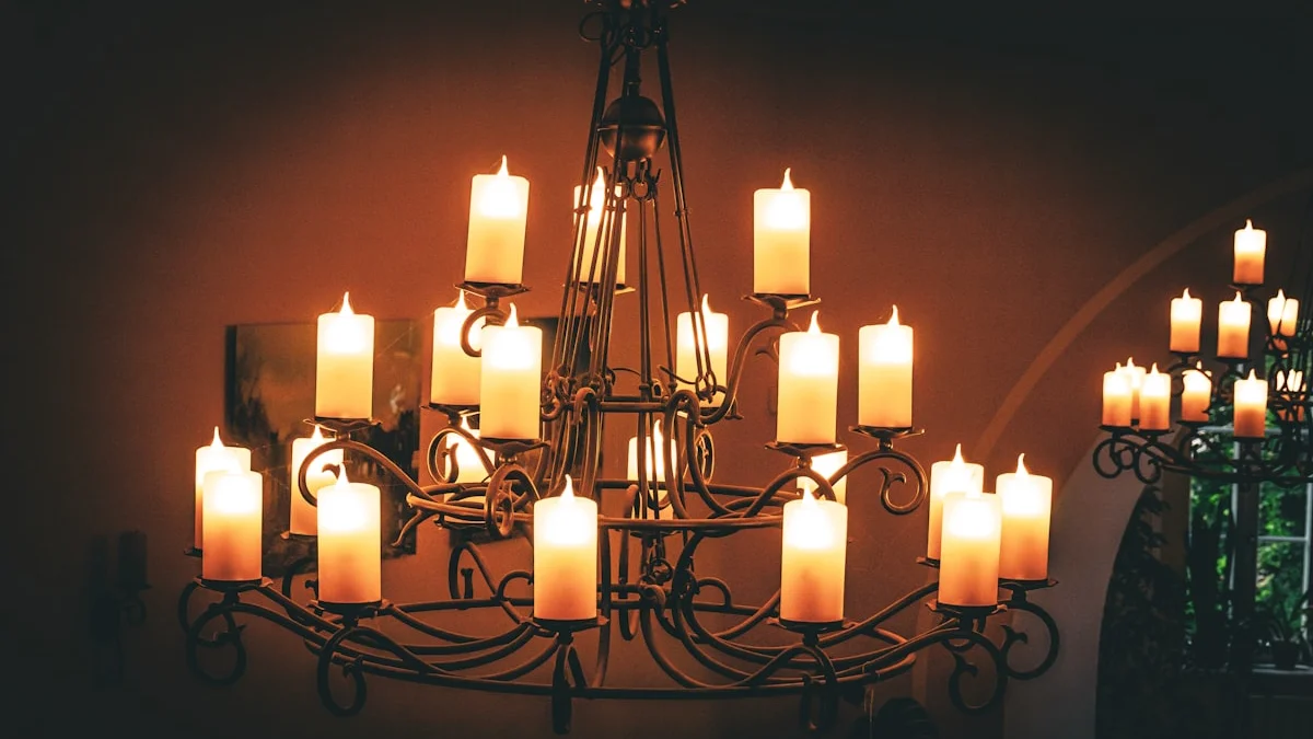A wrought-iron chandelier of lit candles glowing in a warm dark hall. — a The Obsidian Key guide to How to Read The Obsidian Key in the Right Order.