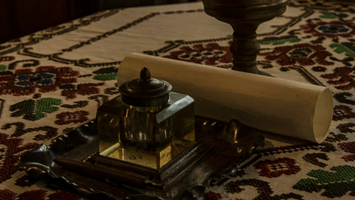A dip pen rests beside a glass inkwell and a rolled cream paper under an oil lamp. — a The Obsidian Key guide to I Am the Man Who: Writing Assumption Sentences.