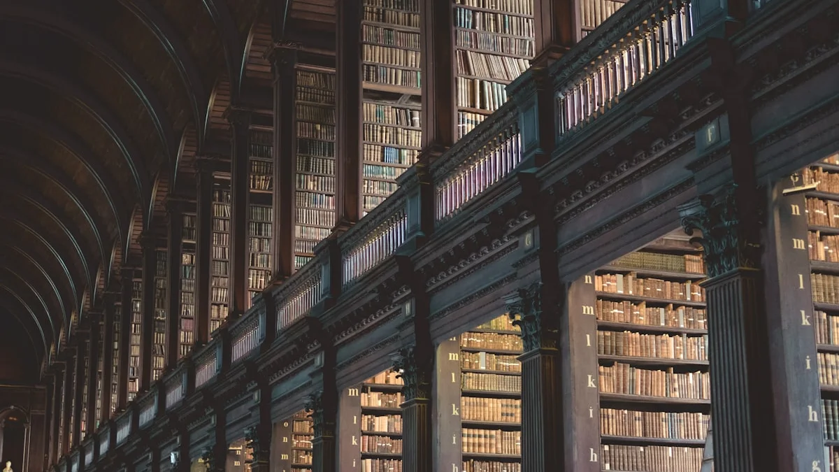Tall dark shelves of an old library rise under a barrel vault, bays labeled by letter. — a The Obsidian Key guide to Keeper of the Outer Folios: What the Title Means.