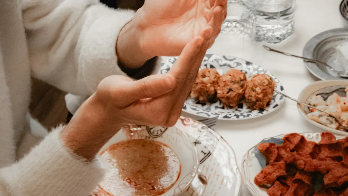 Hands gesture mid-conversation above a dinner table crowded with shared plates. — a The Obsidian Key guide to The Same Dinner the Fourth Year: Loops at Home.