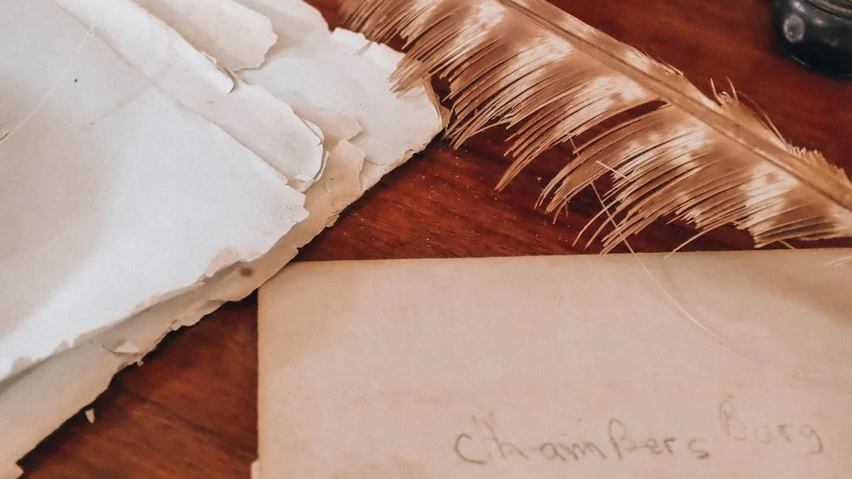 Aged manuscript pages and a pale feather quill rest on a dark wooden desk beside faint handwriting. — a The Obsidian Key guide to Lucian Vael: the Author Who Signs Nothing.
