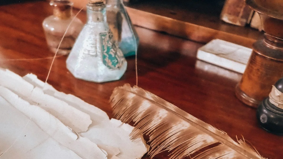 A feather quill, glass inkwells, and loose manuscript pages rest on a dark wooden desk. — a The Obsidian Key guide to Lucian Vael on Boundaries: the Ninth Law for the Tired.