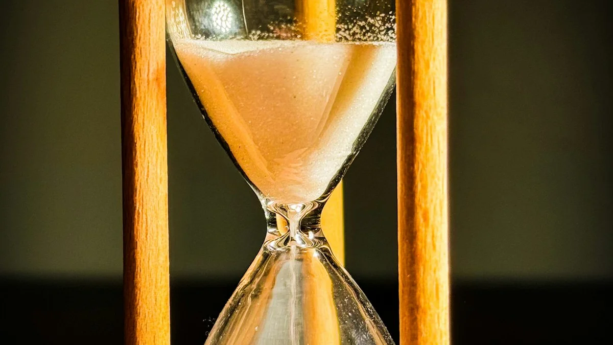 Sand running through the glass bulbs of a warm wooden hourglass. — a The Obsidian Key guide to The Minimum Viable Practice: Ninety Seconds on Broken Days.