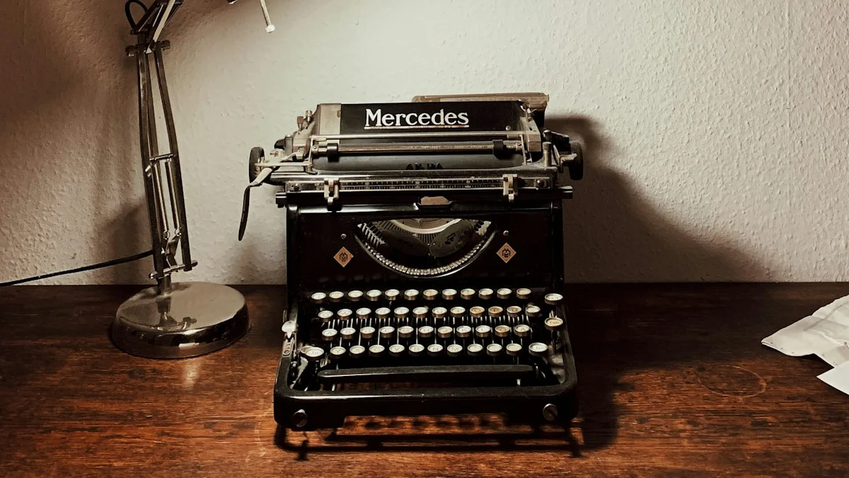 A vintage black typewriter under a lit desk lamp casting a long shadow across a wooden desk. — a The Obsidian Key guide to Money Clench Self-Check: Five Grip Readings.