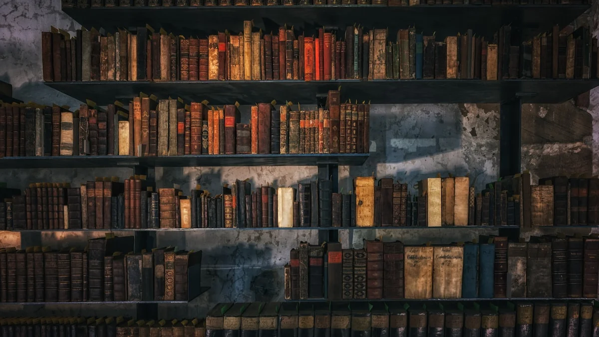 Worn leather-bound hardcovers stand in a row on a dark wooden shelf. — a The Obsidian Key guide to A Morning Ritual Book for the Hour That Owns the Day.