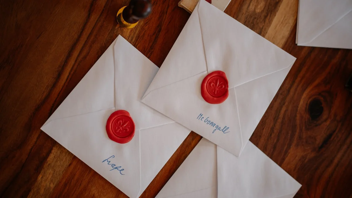 White envelopes sealed with red wax and handwritten ink on a wooden table. — a The Obsidian Key guide to The Envelope: Money Needs a Dedicated Address.
