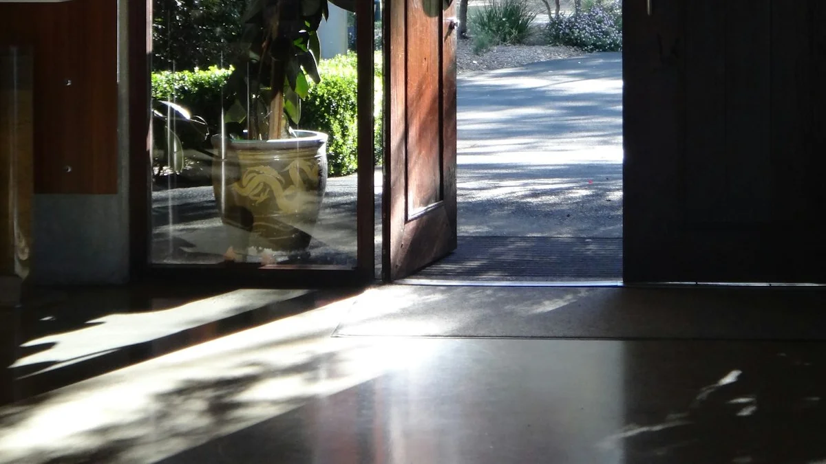 An open wooden door in morning light looks out on a quiet garden path and red autumn leaves. — a The Obsidian Key guide to Muting Is a Spiritual Act: Exit Without Drama.