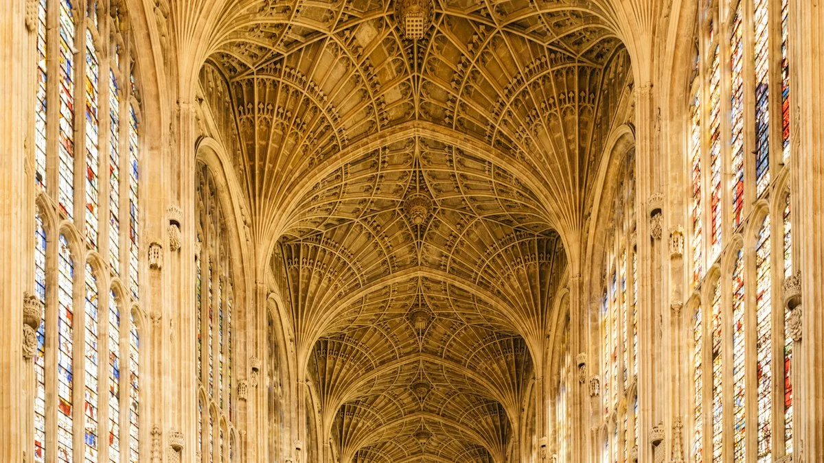 A vaulted gothic cathedral ceiling with fan tracery and stained glass windows. — a The Obsidian Key guide to The First Breach Edition of The Obsidian Key.