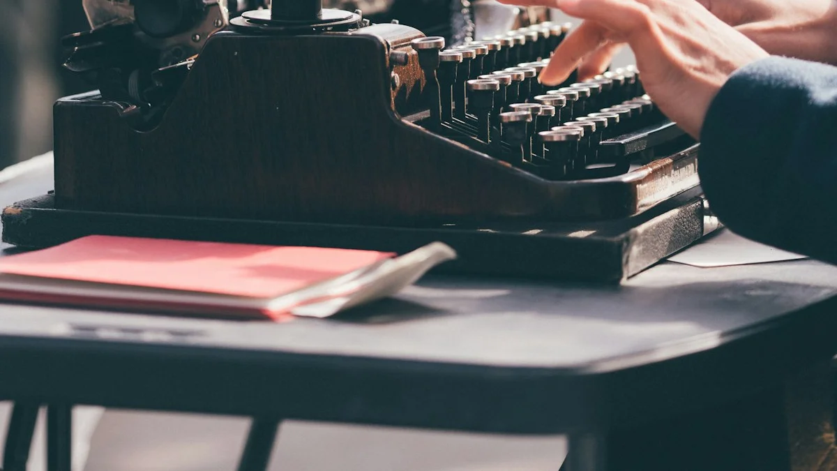 Hands typing on an antique wooden typewriter while a street crowd blurs past in warm light. — a The Obsidian Key guide to The Obsidian Key by Lucian Vael: Full Overview.