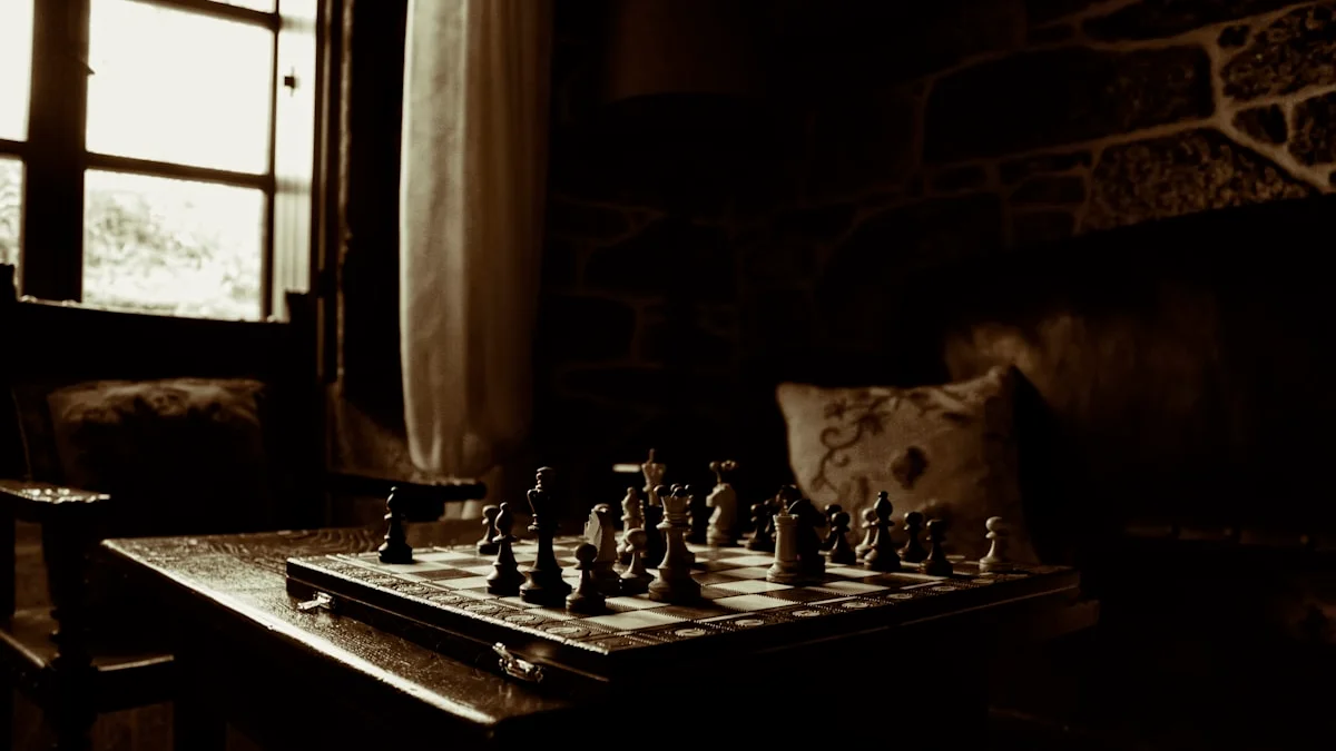 Antique chessboard with pieces beside a bright window in a warm stone room. — a The Obsidian Key guide to The Obsidian Key Part II Summary: The Nine Laws.