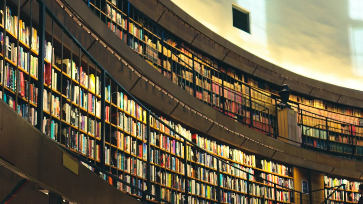 Curved wooden library shelves packed with old volumes in warm light. — a The Obsidian Key guide to The Obsidian Key Part III Summary: The Operations.