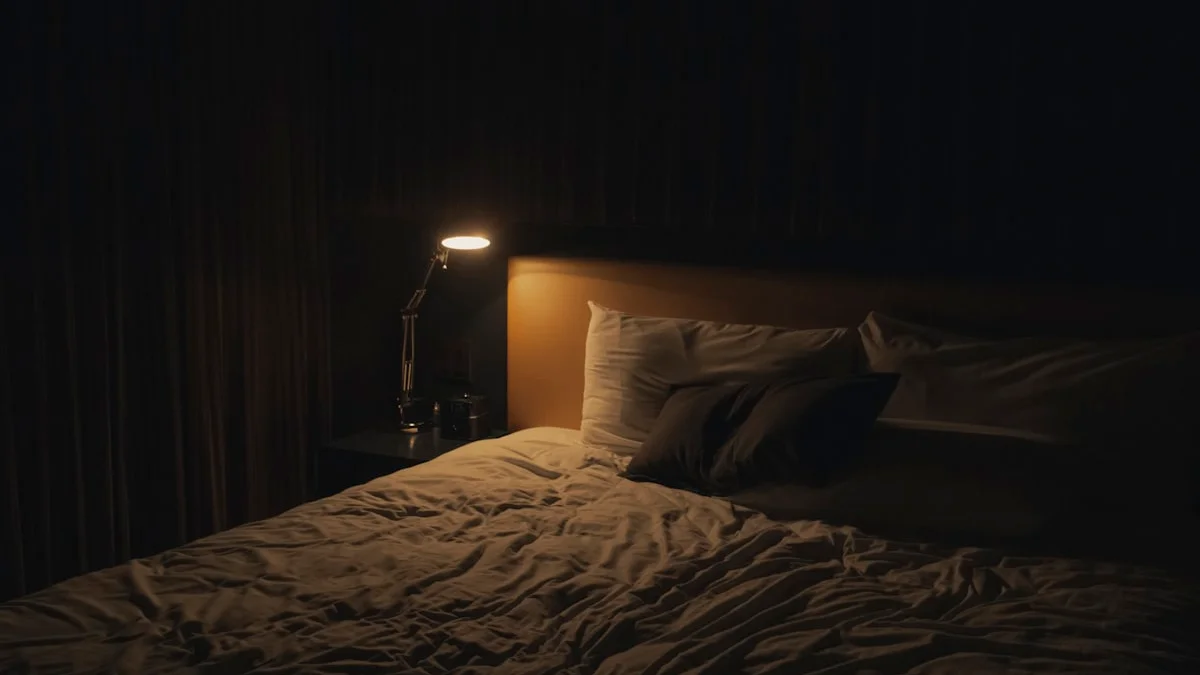 A small brass lamp glows over an unmade bed in a dark room at night. — a The Obsidian Key guide to The Second Read: A Companion for Book Owners.