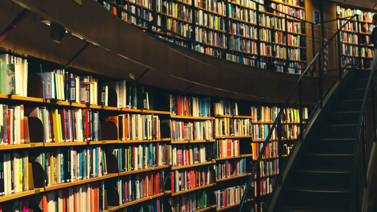 Tall wooden library shelves packed with books rise beside a winding staircase. — a The Obsidian Key guide to Self-Check: Are You Reading The Obsidian Key Well.