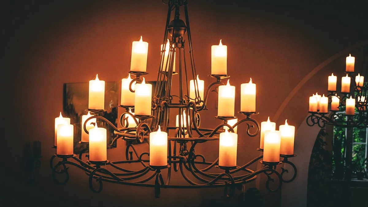 A wrought-iron chandelier of lit candles glows in a warm, dark hall. — a The Obsidian Key guide to The Shield Operation Chapter Explained for Readers.