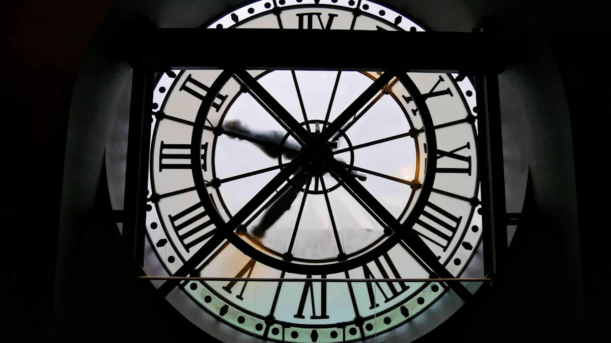 A giant vintage clock face with roman numerals glowing inside a dark hall. — a The Obsidian Key guide to The Thirty-Day Path Chapter in The Obsidian Key.