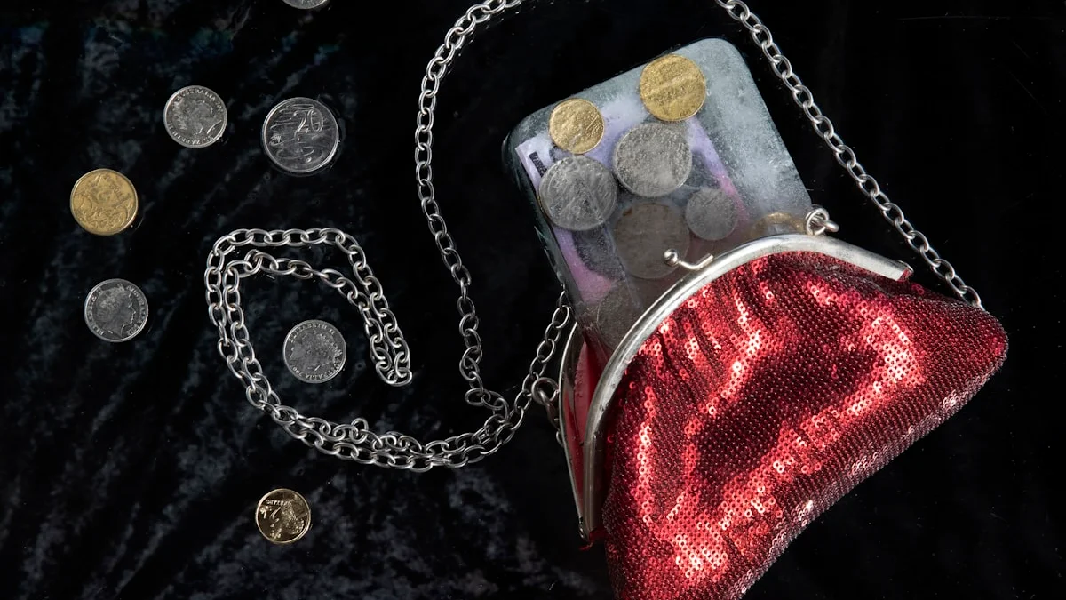 An antique coin purse with scattered silver and gold coins on dark velvet. — a The Obsidian Key guide to The Wealth Operation Chapter in The Obsidian Key.