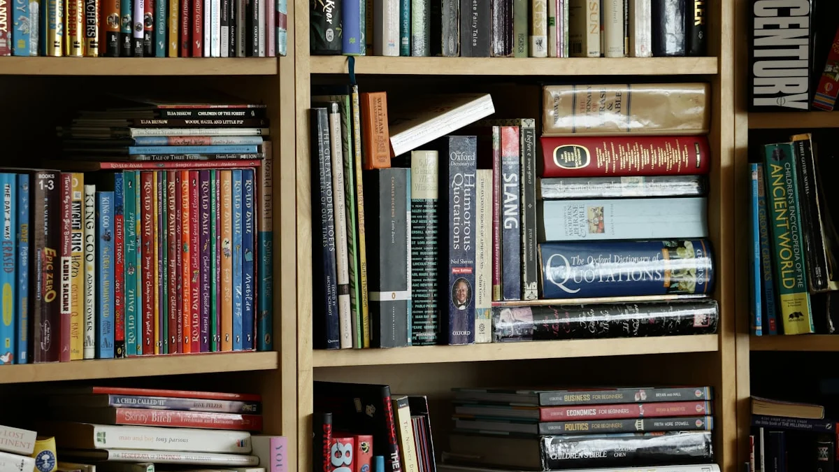 A crowded bookshelf holds stacked and leaning books among upright rows. — a The Obsidian Key guide to Five Lore Mistakes New Readers Make.
