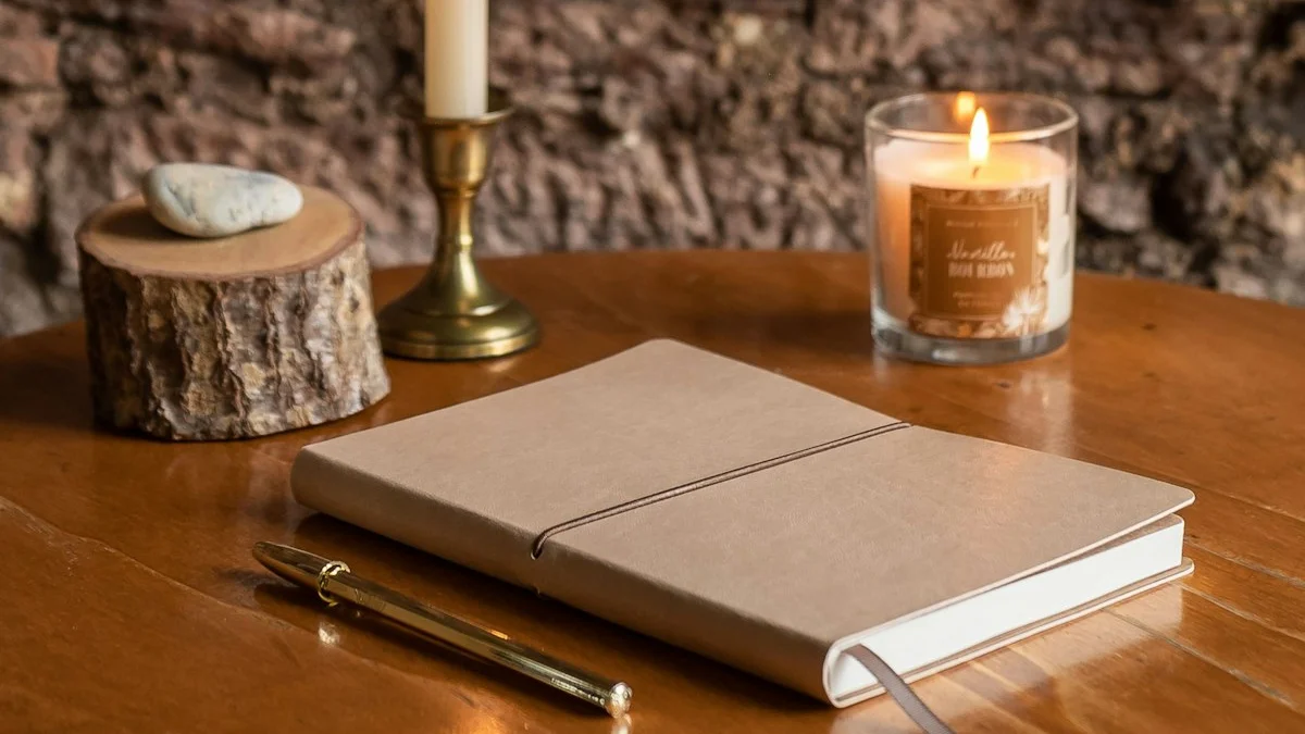 A leather notebook with a gold pen on a warm wooden table beside two lit candles against a rustic stone wall. — a The Obsidian Key guide to Start Your 21-Day Sentence: The Identity Tracker.