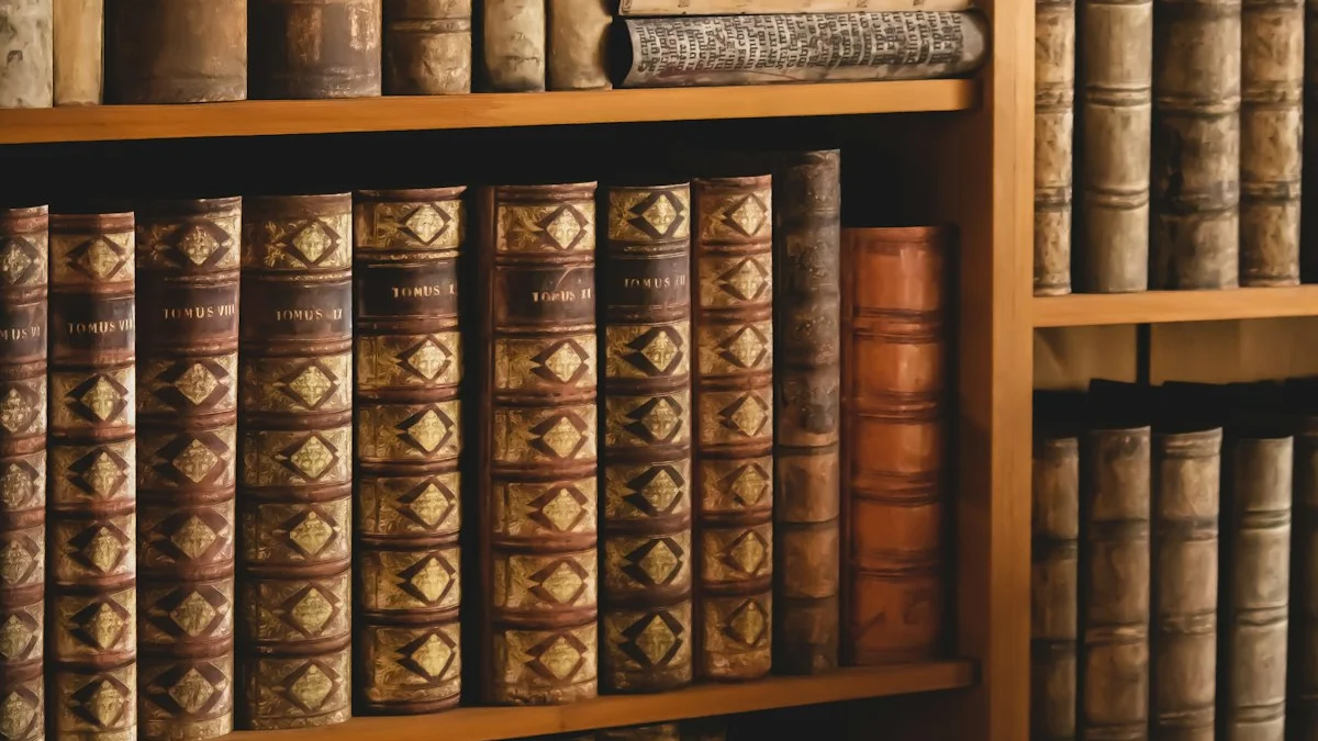 Rows of antique leather-bound books stand evenly spaced on warm wooden shelves. — a The Obsidian Key guide to Ordering a Home the Field Can Read.