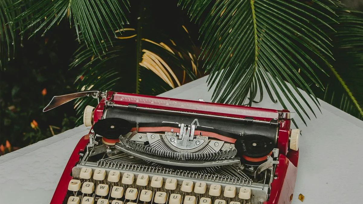 A vintage red typewriter rests on a white table in front of dark palm leaves. — a The Obsidian Key guide to Output Not Input: Reading Circumstances as Readouts.