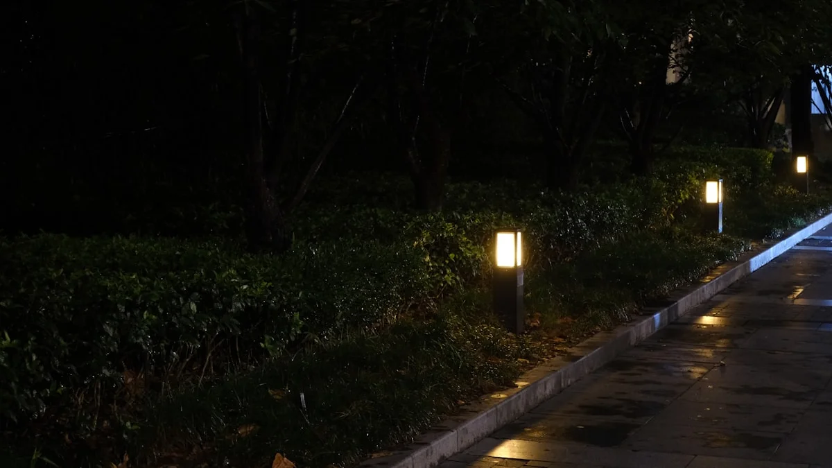 Small warm lamps glow along a wet garden path at night beside dark hedges. — a The Obsidian Key guide to Parents After Your Signal Shift.